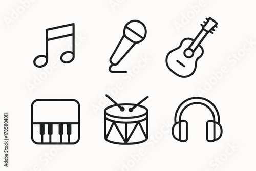 Musical instrument icons: notes, microphone, guitar, piano, drum, headphones