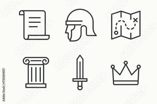 Ancient symbols: helmet, scroll, map, column, sword, crown icons in minimalist style