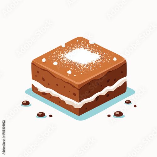 Delicious square chocolate cake dusted with powdered sugar and adorned with white frosting