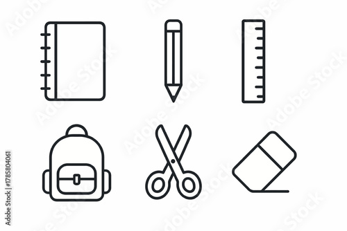Simple line art of school supplies: notebook, pencil, ruler, backpack, scissors, eraser
