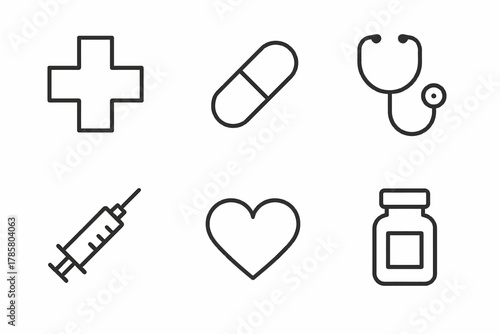 Healthcare icons set: medical cross, pill, stethoscope, syringe, heart, medicine bottle