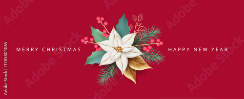 Minimalistic Christmas and New Year background. Colorful New Year banner with poinsettia flowers, coniferous branches, berries and twigs. Winter Holiday Design for Christmas Greetings