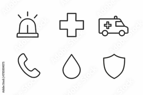 Emergency icons set: siren, cross, ambulance, phone, blood, shield symbols