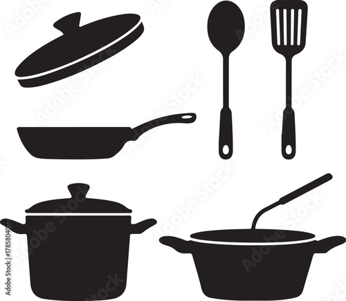 Minimalist Cooktop Silhouette with Pan Pot Lid Spoon and Spatula