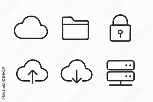 Set of cloud storage and security icons: cloud, folder, lock, upload, download, server