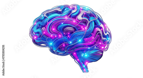 Abstract 3D Human Brain Model with Neon Blue and Pink Wires and Lights graphic design