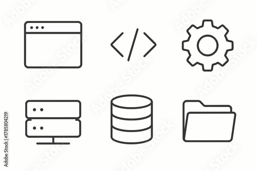 Minimalist icons of web development tools and data management systems