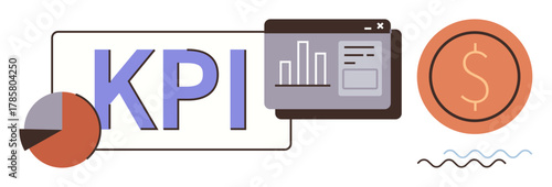 KPI text, pie chart, financial graph, analytics window, and dollar coin. Ideal for business performance, strategy, financial goals, marketing analysis data insights and management concepts in