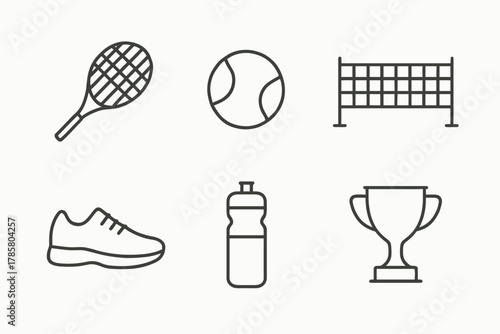 Tennis equipment icons set: racket, ball, net, shoe, bottle, trophy