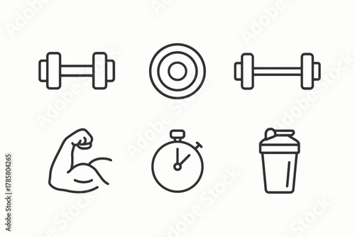 Fitness icons: dumbbells, muscles, stopwatch, and protein shaker