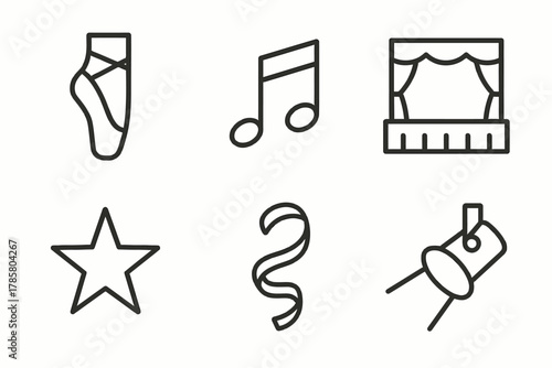 Ballet essentials and theater symbols: pointe shoe, music note, stage, star, ribbon, spotlight icons