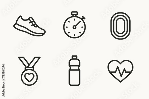 Fitness icon set: running shoe stopwatch track medal water bottle heartbeat