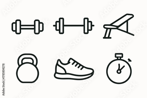 Minimalist gym equipment icons: dumbbells, bench, kettlebell, sneaker, stopwatch