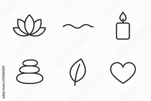 Minimalist spa elements: lotus, wave, candle, stones, leaf, heart