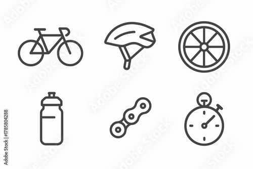 Cycling equipment icons: bicycle, helmet, wheel, bottle, chain, stopwatch