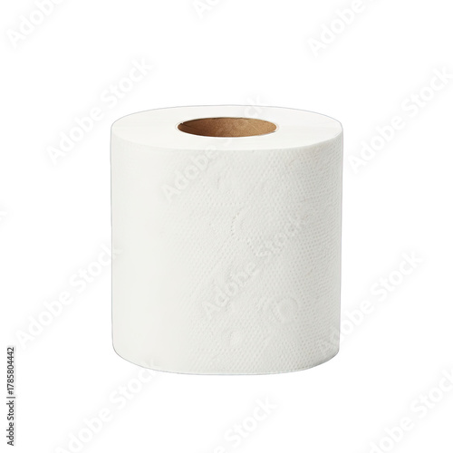 A pristine white toilet paper roll stands upright against a transparent background showcasing its textured surface and cardboard core with clear lighting and sharp focus