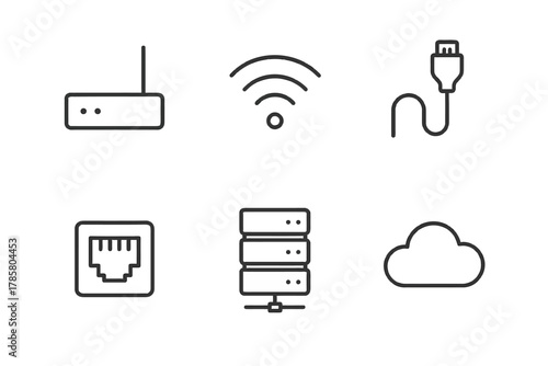 Essential network icons: router, wifi, cable, ethernet, server, cloud