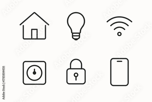 Smart home icons featuring house, lightbulb, wi-fi, thermostat, lock, and smartphone