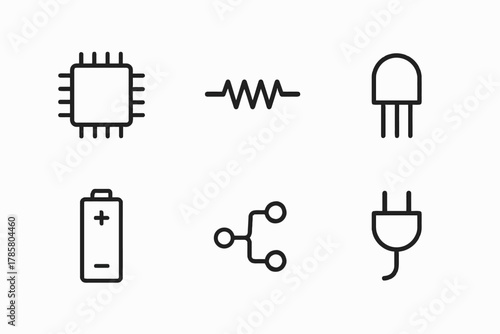 Minimalist electronic components icons: chip resistor transistor battery circuit plug