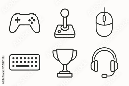 Gaming icons: controller, joystick, mouse, keyboard, trophy, headset