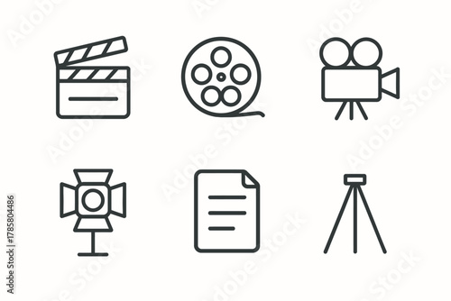 Minimalist movie production icons set: clapperboard, film reel, camera, spotlight, script, tripod