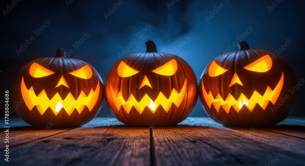 Fototapeta premium Three spooky jack o lanterns glow with fiery light on wooden surface