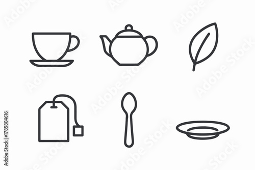 Minimalist tea set icons featuring cup, teapot, leaf, tag, spoon, and saucer