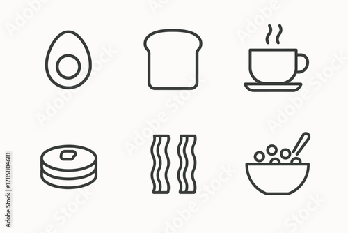 Minimalist breakfast icons: avocado, toast, coffee, donut, bacon, cereal