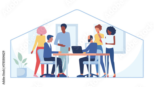 Diverse team collaborating in a modern office environment with a laptop and papers on a desk