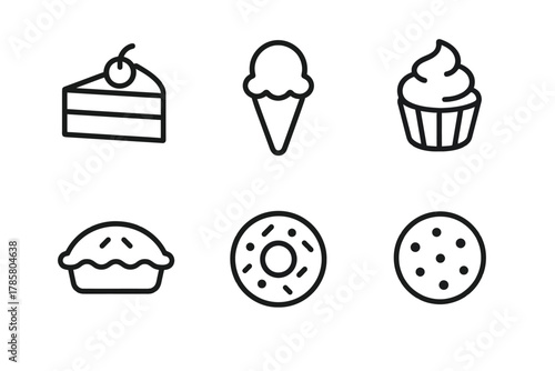 Simple dessert icons featuring cake, ice cream, cupcake, pie, donut, and cookie