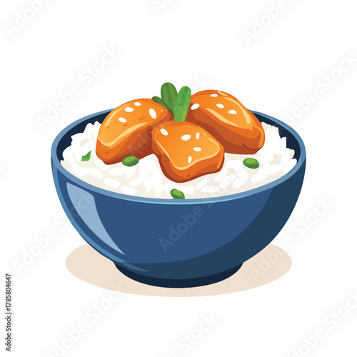 Savory Asian sesame chicken bowl with fluffy white rice, green peas, and a garnish, depicted in a clean vector illustration style