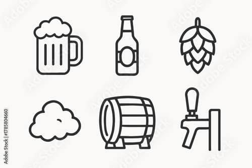 Beer icons: mug, bottle, hops, barrel, and tap in line art style