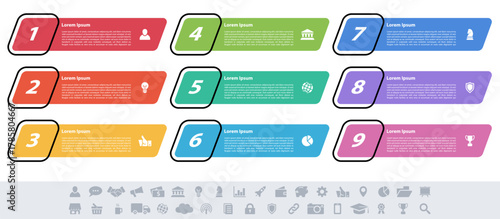 Infographic design business concept vector illustration with 9 steps or options or processes represent work flow or diagram or web button banner