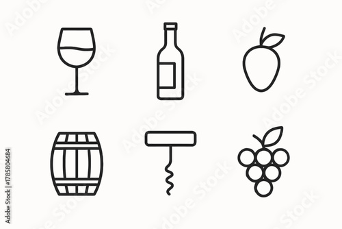 Wine icon set: glass, bottle, fruit, barrel, corkscrew, grapes
