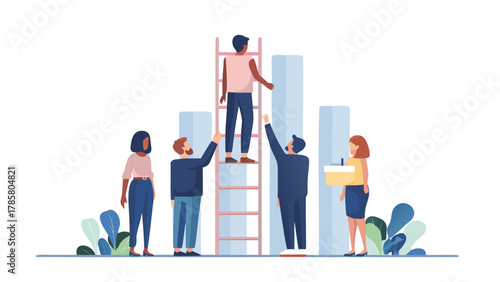 Diverse team collaborating to achieve business growth and success by climbing a ladder towards higher goals