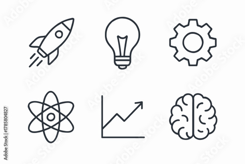 Innovation icons: rocket, lightbulb, gear, atom, graph, brain in outline style