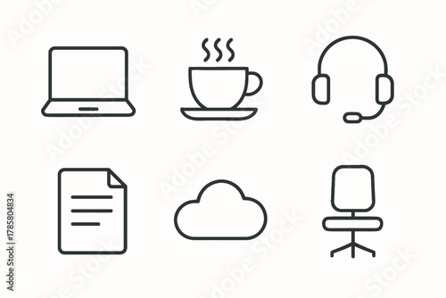 Minimalist office icons: laptop, coffee, headset, document, cloud, chair