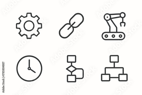 Minimalist technology icons: gear, chain, robot arm, clock, flowchart, network