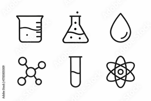 Science icon set: beaker, flask, droplet, molecule, test tube, atom