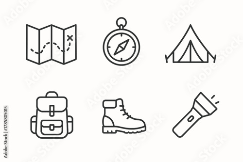 Outdoor adventure icons: map, compass, tent, backpack, boot, flashlight