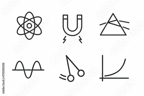 Simple science icons: atom, magnet, prism, waveform, pendulum, graph