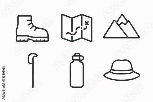 Camping essentials: map, boots, mountains, stick, bottle, hat icons