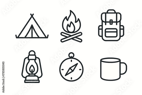 Camping essentials: tent, campfire, backpack, lantern, compass, mug icons