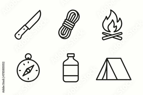 Essential camping gear icons: knife, rope, fire, compass, bottle, tent