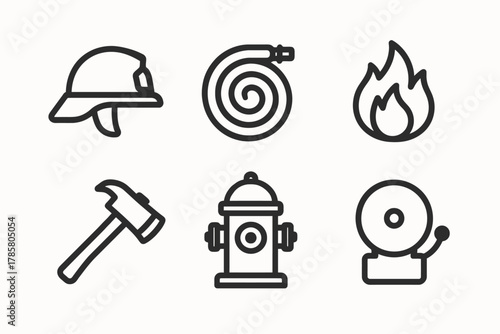 Firefighter equipment icons: helmet, hose, flame, axe, hydrant, bell