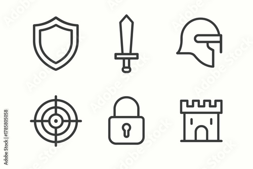 Medieval icons: shield, sword, helmet, target, lock, castle