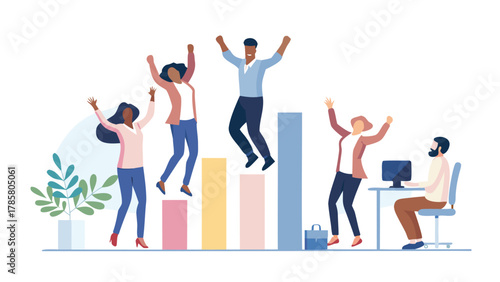 Diverse business team celebrating success and growth on a colorful bar graph in a modern office setting