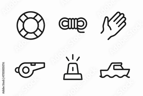 Simple icons of lifebuoy, rope, hand, whistle, siren, and boat