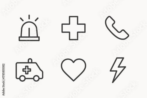 Emergency icons: siren, cross, phone, ambulance, heart, lightning symbol set