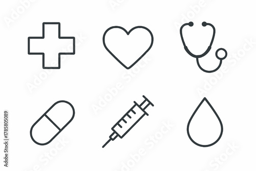 Healthcare icons: cross, heart, stethoscope, pill, syringe, drop in line art